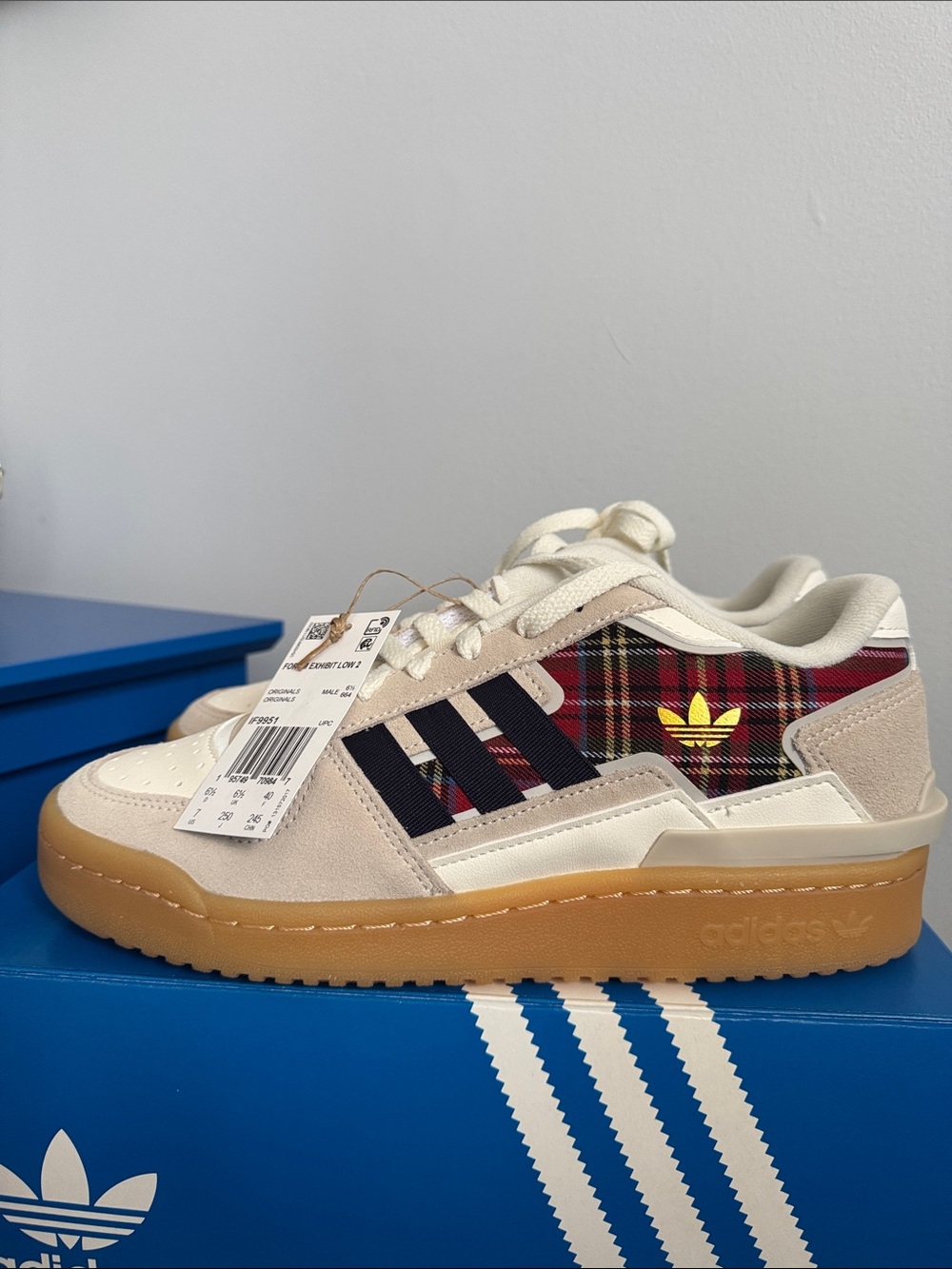 adidas Forum Exhibit Low 2 Sneakers with Red Tartan Panels & Gum Sole